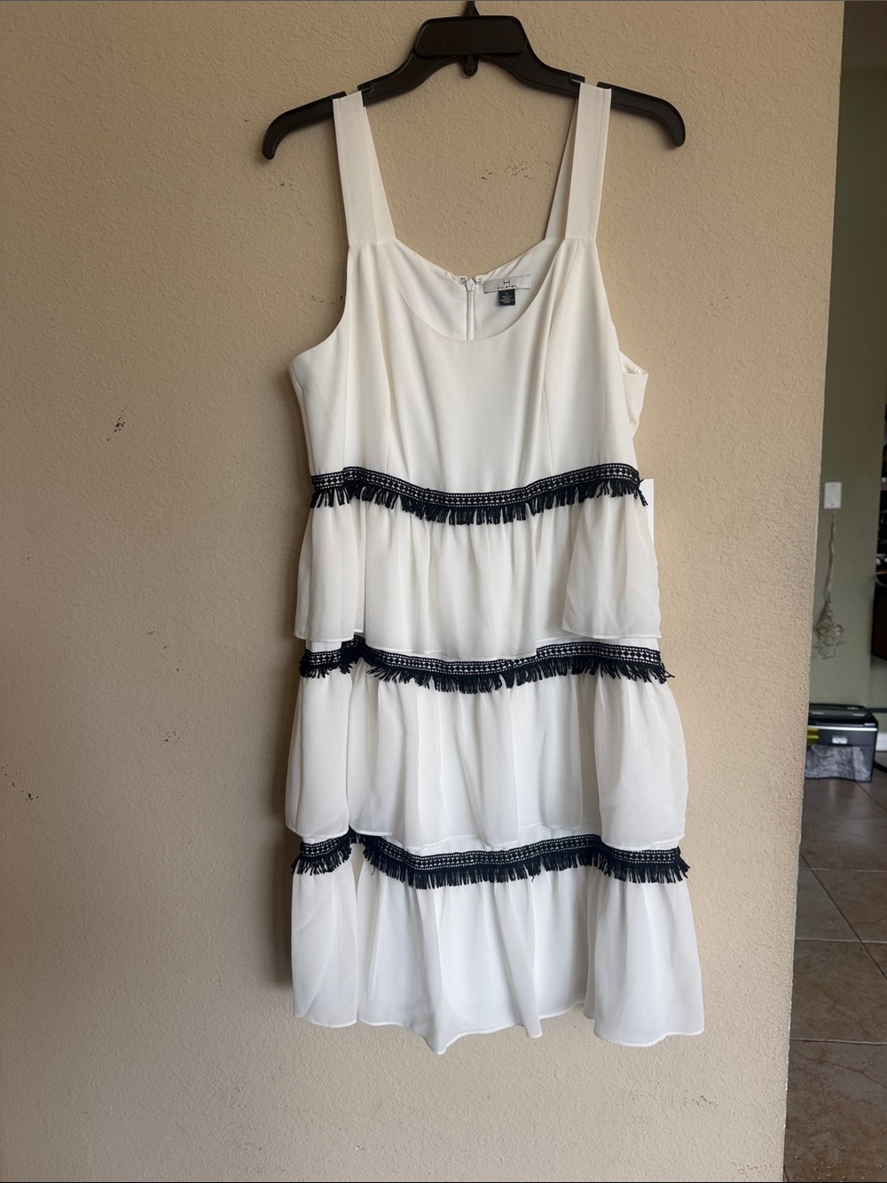 H by Halston White Tiered Mini Dress with Black Fringe Trim